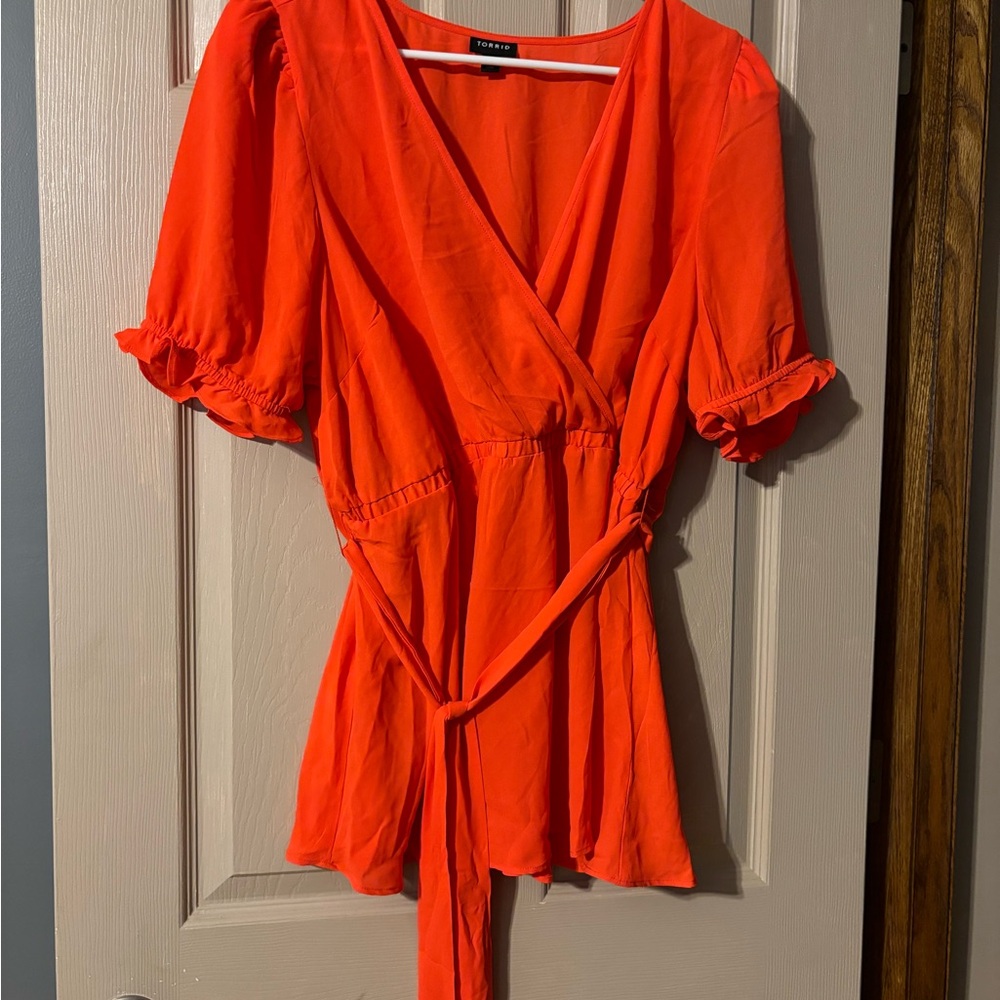 Beautiful orange Torrid size 3 blouse with attached belt